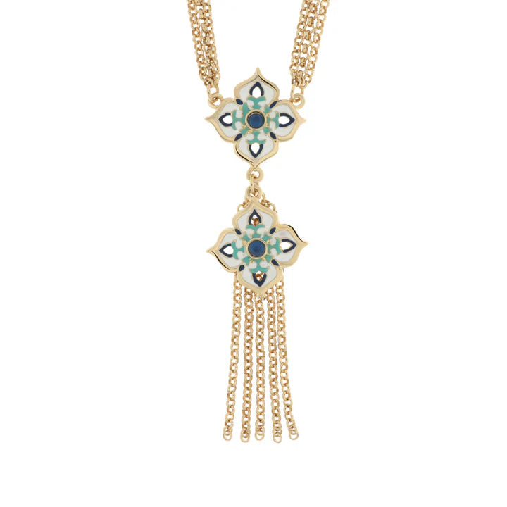 Collana in Metallo con maioliche colorate a forma di croce e frange pendenti