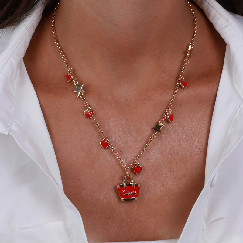 By Simon - Collana in Metallo con borsa Capri e cuori rossi