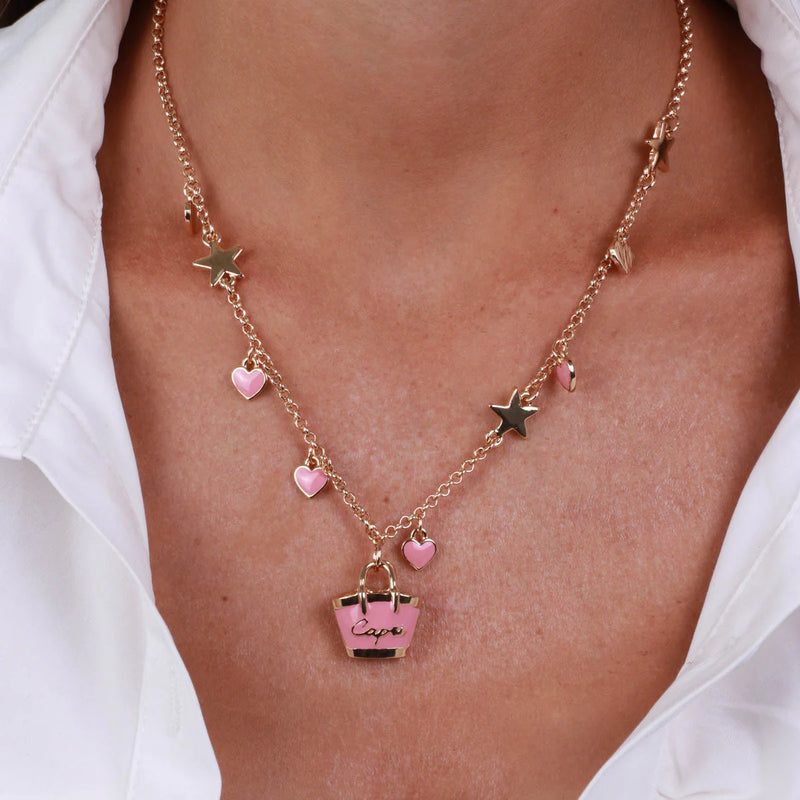 By Simon - Collana in Metallo con borsa e cuori rosa