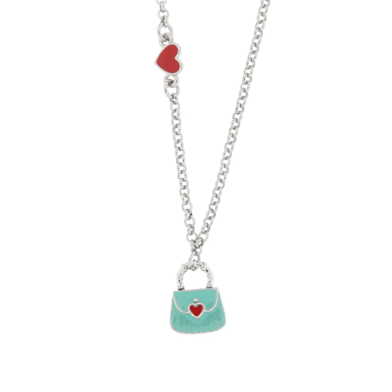 By Simon - Collana in Metallo con borsa azzurra e cuori rossi