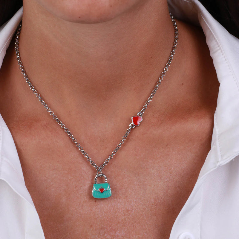 By Simon - Collana in Metallo con borsa azzurra e cuori rossi