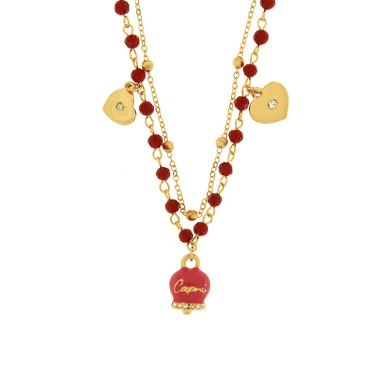 Collana in Metallo multifilo con campanella fucsia e pietre rosse