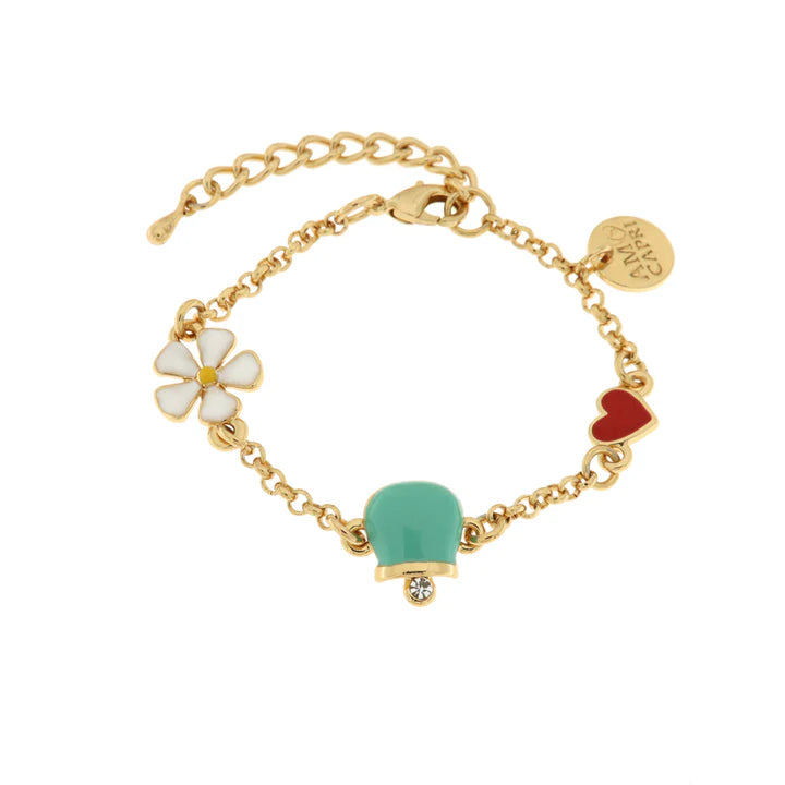 BY SIMON - Bracciale in Metallo con ciondoli impreziositi da smalti colorati a forma di campanella portafortuna, cuore e fiore