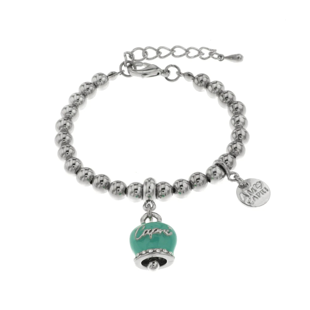 By Simon - Bracciale in Metallo con campanella pendente verde marino con scritta Capri