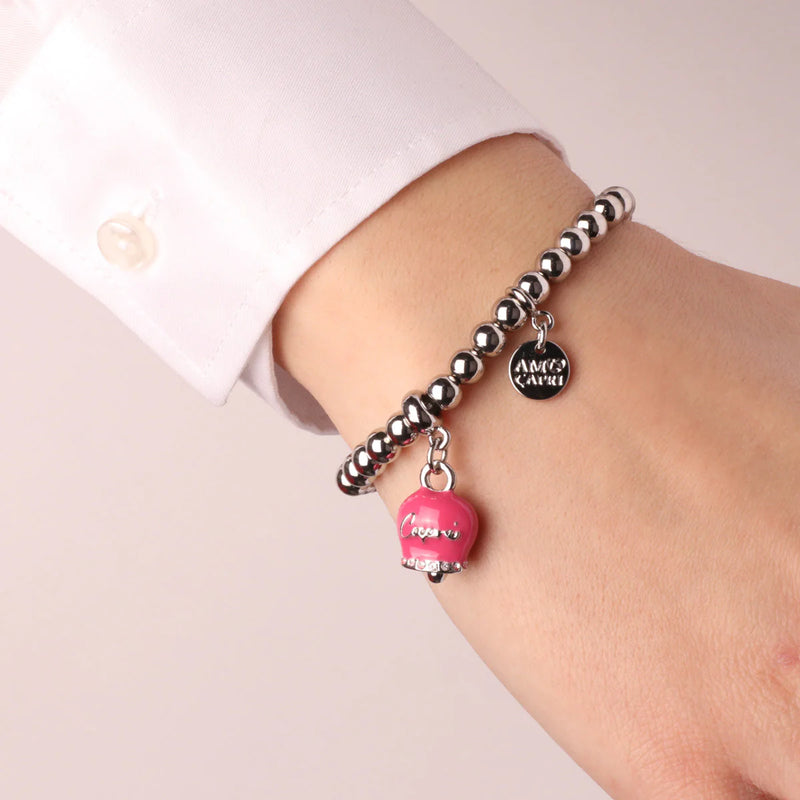 By Simon - Bracciale in Metallo con campanella fucsia, con scritta Capri e cristalli bianchi