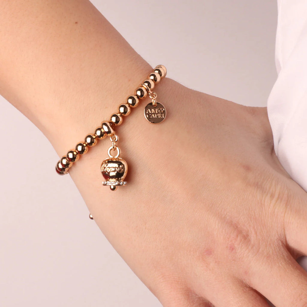 By Simon - Bracciale in Metallo maglia a sfera, con campanella portafortuna, con scritta Capri a rilievo e cristalli bianchi