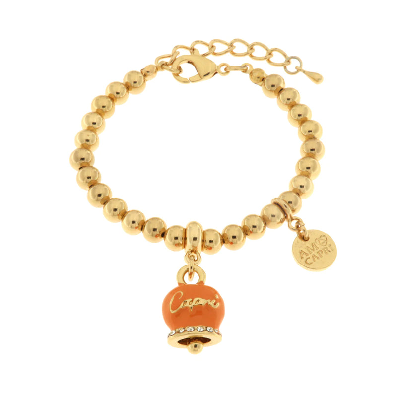 By Simon - Bracciale in Metallo con campanella scritta capri pendente impreziosita da cristalli e smalto arancione