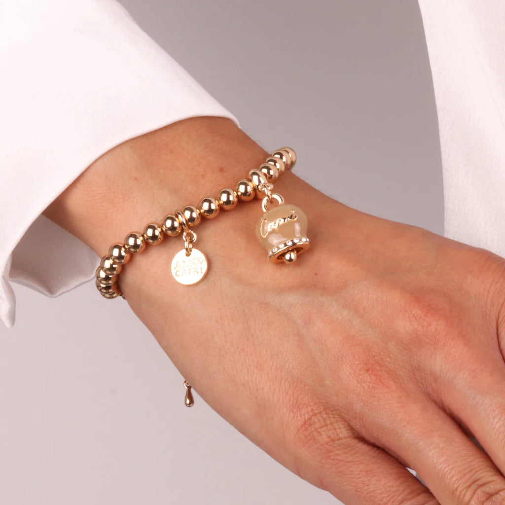 By Simon - Bracciale in Metallo con campanella scritta capri pendente impreziosita da cristalli e smalto caffè