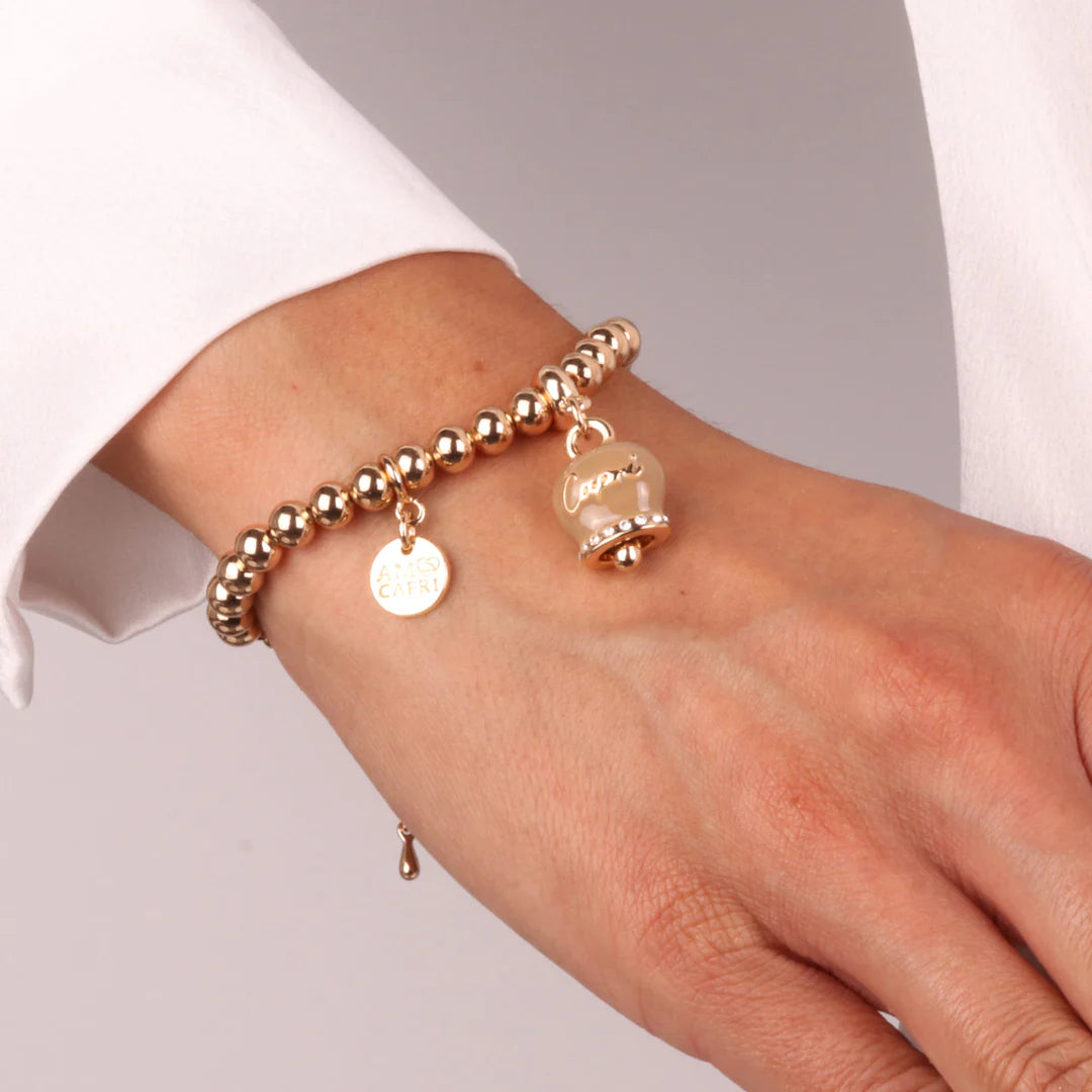 By Simon - Bracciale in Metallo con campanella scritta capri pendente impreziosita da cristalli e smalto caffè