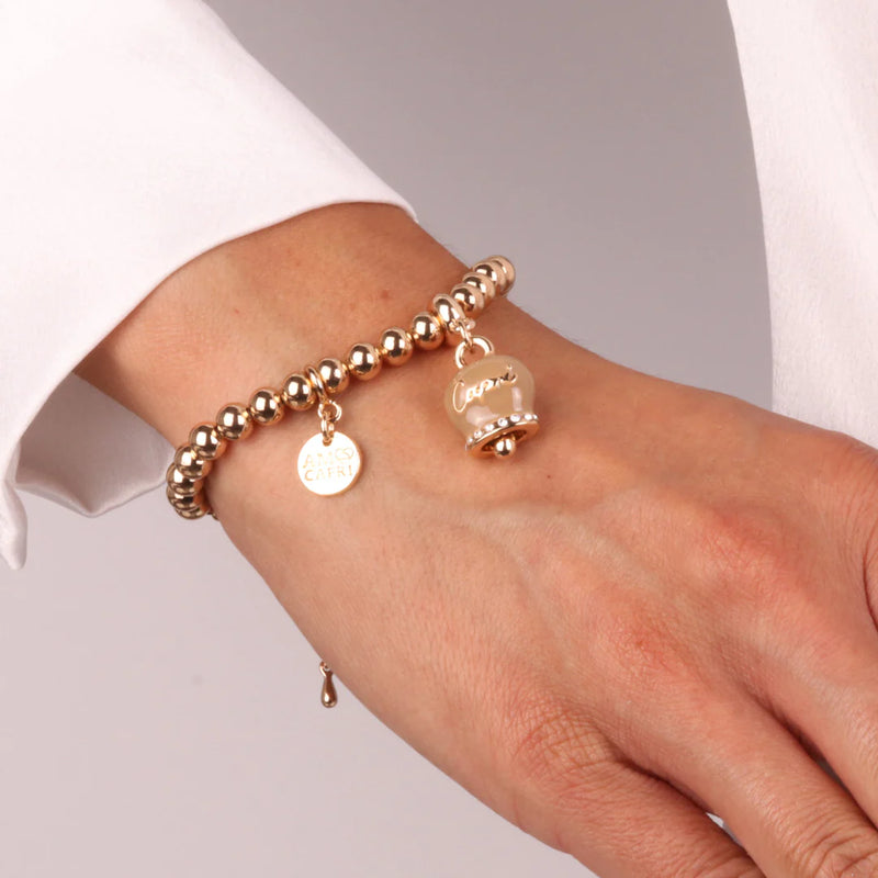 By Simon - Bracciale in Metallo con campanella scritta capri pendente impreziosita da cristalli e smalto caffè