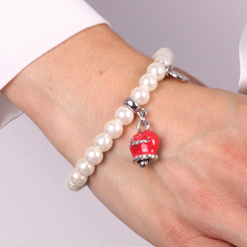 By Simon - Bracciale in Metallo Bracciale in Metallo con perle e campanella portafortuna in smalto rosso con scritta Capri