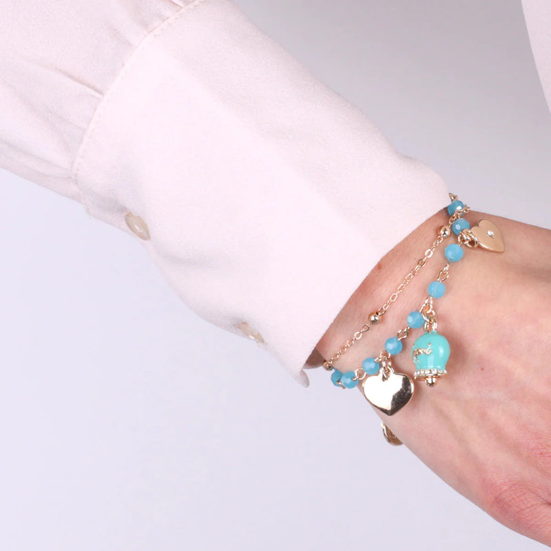 By Simon - Bracciale in Metallo con campana smaltata azzurra e cuoricini pendenti