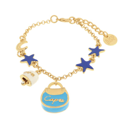 By Simon - Bracciale in Metallo con borsa azzurra Capri, piccola campanella bianca e stelle