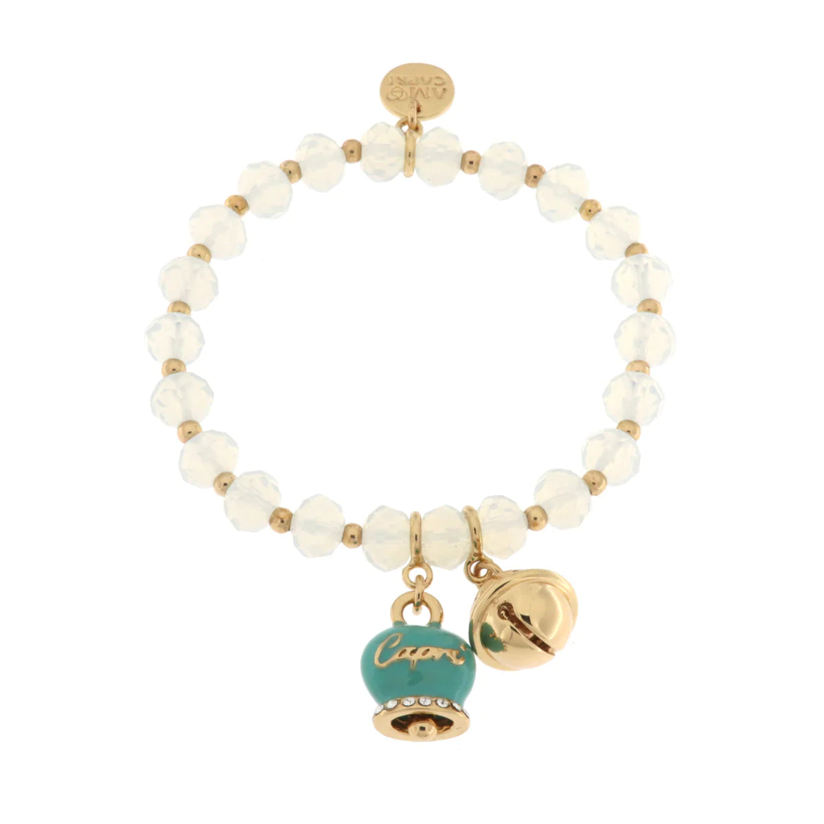 Bracciale in Metallo campanella verde e piccolo sonaglio con pietre bianche