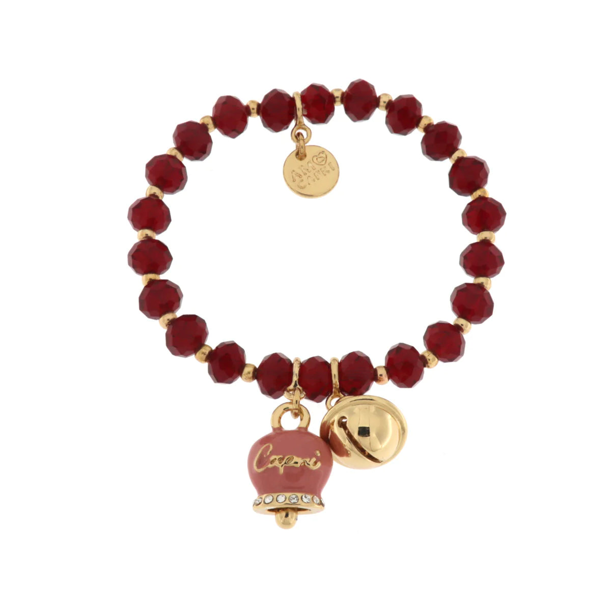 Bracciale in Metallo campanella rosa e piccolo sonaglio con pietre rosse