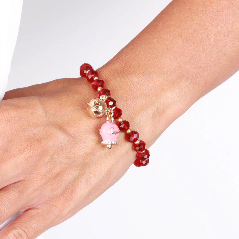 Bracciale in Metallo campanella rosa e piccolo sonaglio con pietre rosse