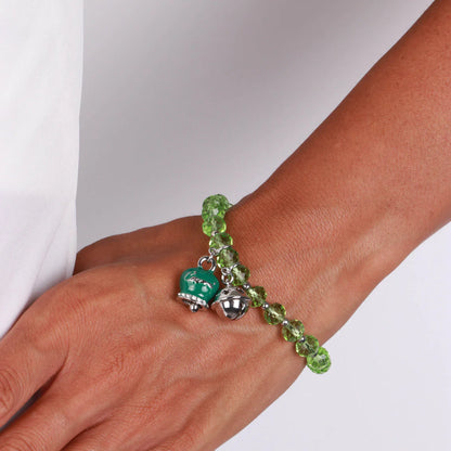 Bracciale in Metallo campanella verde e piccolo sonaglio con pietre verdi