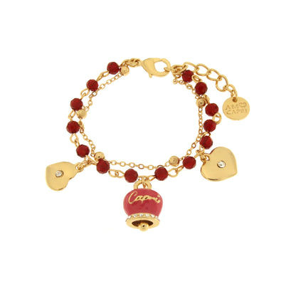 Bracciale in Metallo multifilo con campanella fucsia e pietre rosse