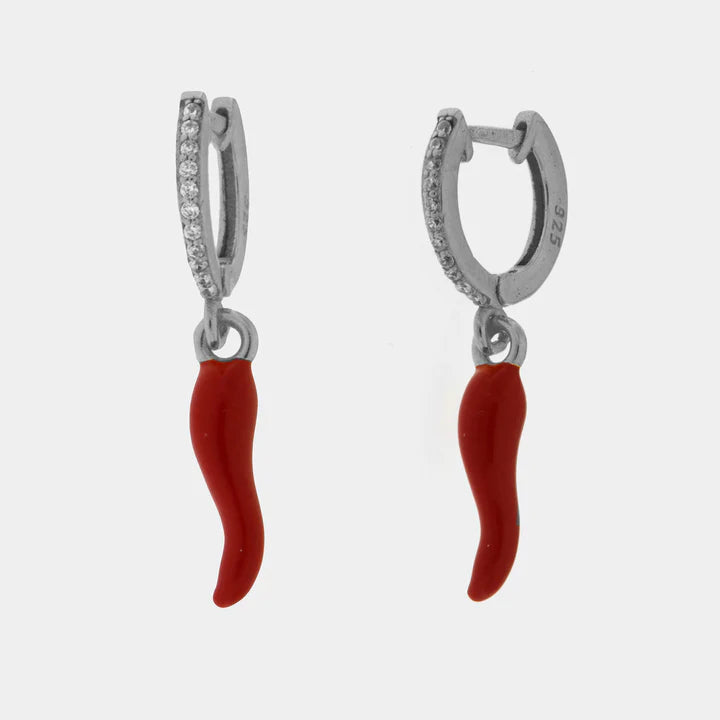 BY SIMON-Orecchini in Argento 925 a cerchietto con corno in smalto rosso pendente