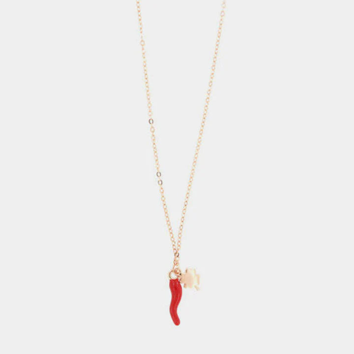 BY SIMON-Collana in Argento 925 con corno impreziosito da smalto rosso e quadrifoglio portafortuna
