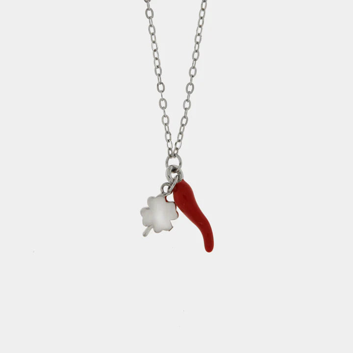 BY SIMON-Collana in Argento 925 con corno impreziosito da smalto rosso e quadrifoglio portafortuna