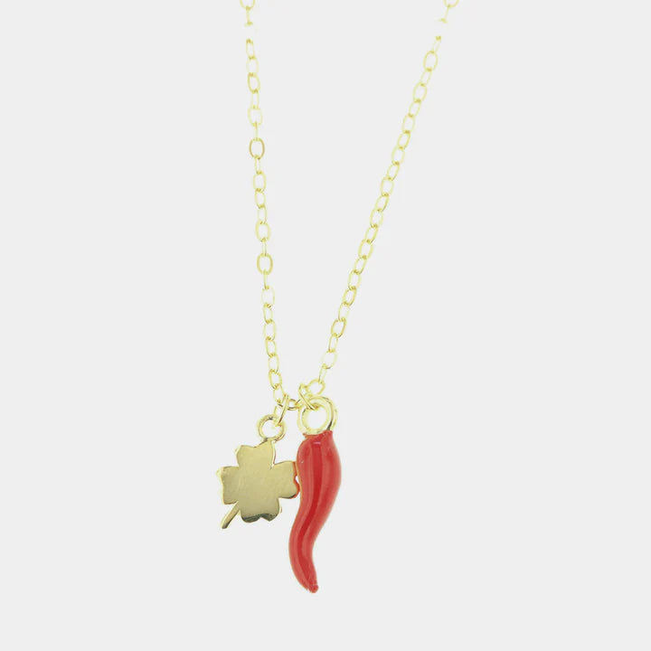 BY SIMON-Collana in Argento 925 con corno portafortuna impreziosito da smalto rosso e quadrifoglio portafortuna