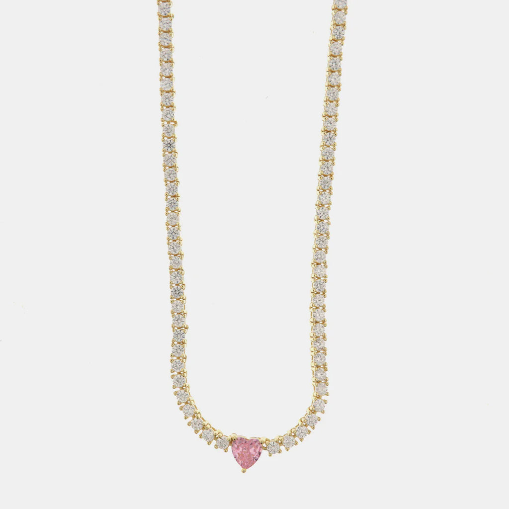 BY SIMON-Collana in Argento 925 tennis con zirconi bianchi e cuore centrale in zircone rosa