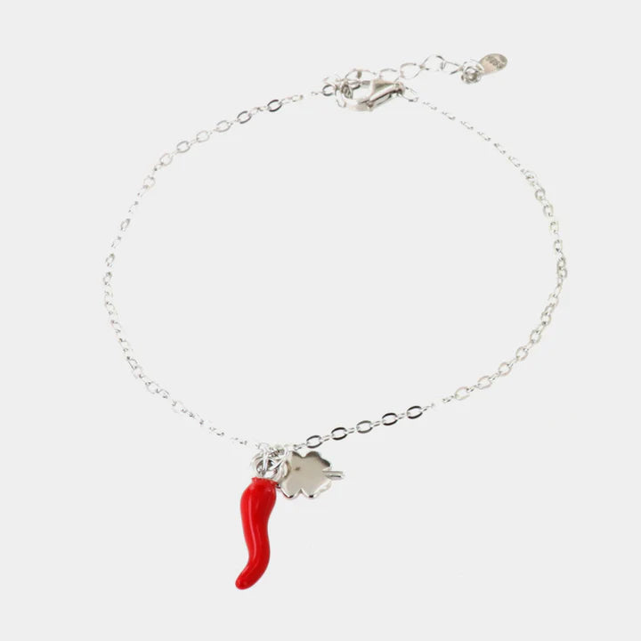 BY SIMON-Bracciale in Argento 925 con corno impreziosito da smalto rosso e quadrifoglio portafortuna