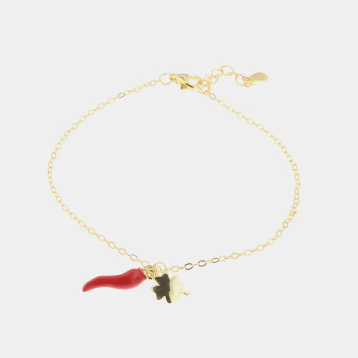 BY SIMON-Bracciale in Argento 925 con cornetto portafortuna impreziosito da smalto rosso e quadrifoglio