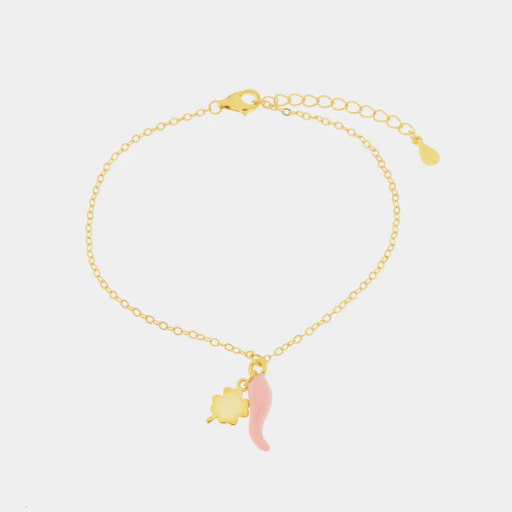 BY SIMON-Bracciale in Argento 925 con cornetto portafortuna rosa e quadrifoglio