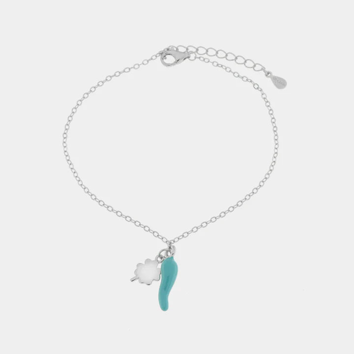 BY SIMON-Bracciale in Argento 925 con cornetto portafortuna turchese e quadrifoglio