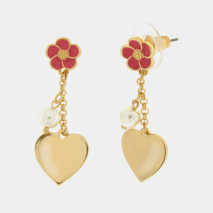 BY SIMON - Orecchini in Metallo con fiore rosa a lobo e cuore pendente