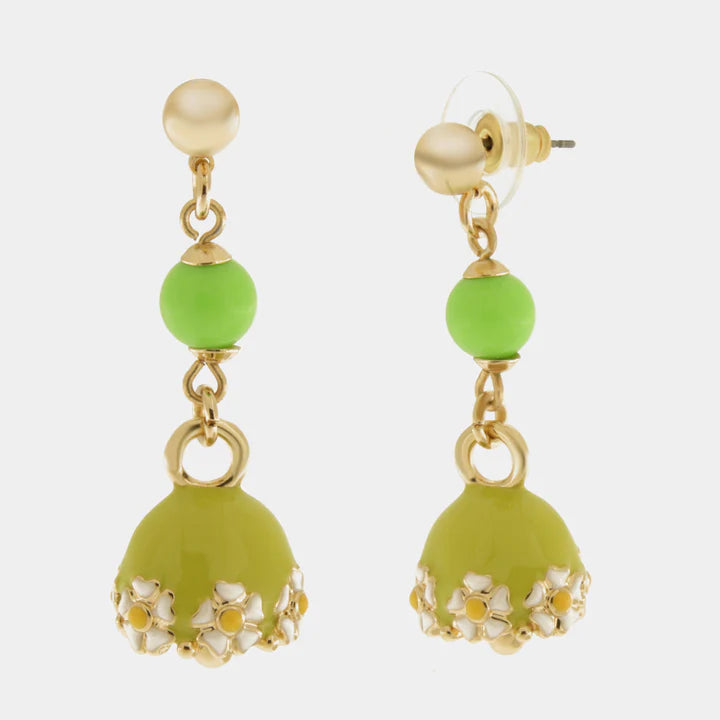 BY SIMON-Orecchini in Metallo con campanella verde e fiori e perla