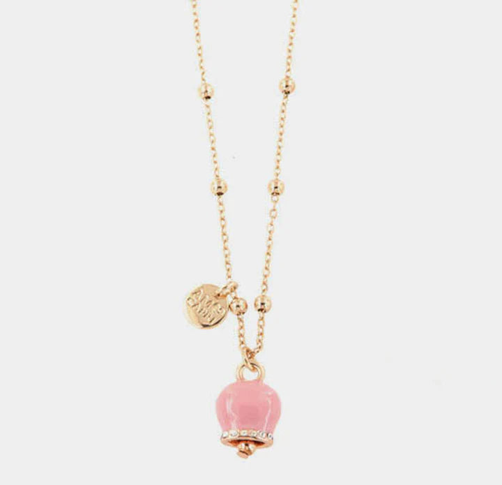BY SIMON-Collana in Metallo con campanella portafortuna pendente, impreziosita da smalto rosa e cristalli