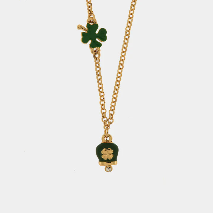 BY SIMON-Collana in Metallo con cuore e campanella portafortuna verde con quadrifoglio