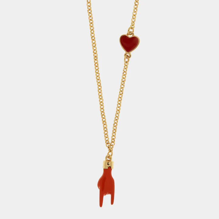 BY SIMON-Collana in Metallo con pendente a forma di corna porta fortuna e cuore rosso