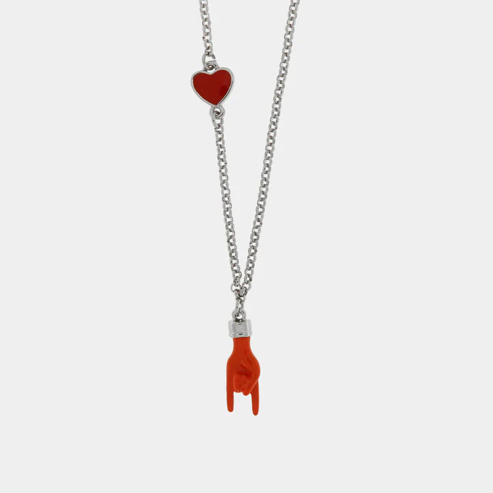 BY SIMON-Collana in Metallo con pendente a forma di corna porta fortuna e cuore rosso