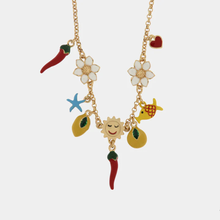 BY SIMON-Collana in Metallo con cornetti portafortuna, caffettiera, 13, quadrifoglio, pizza