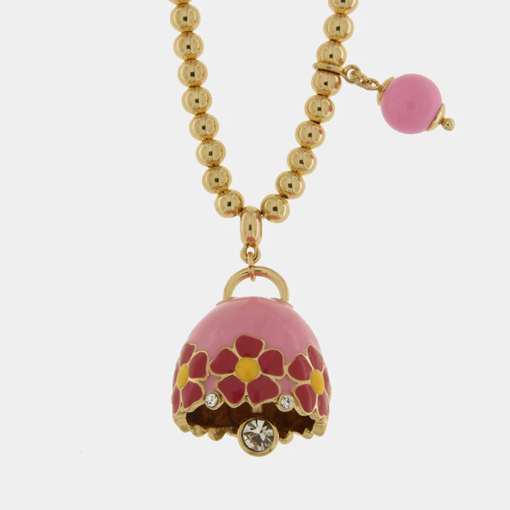 BY SIMON-Collana in Metallo con campanella rosa e fiori e pietra rosa