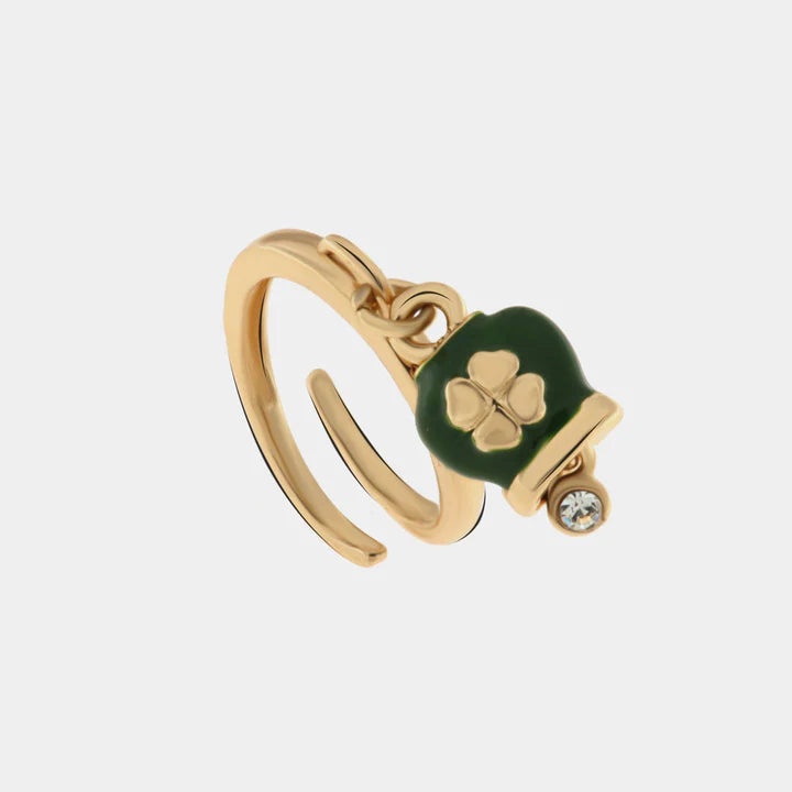 BY SIMON-Anello in Metallo con campanella portafortuna verde con quadrifoglio