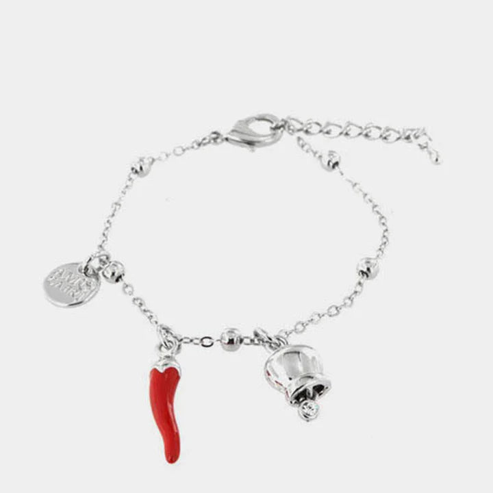 BY SIMON-Bracciale in Metallo con campanella e corno in smalto rosso
