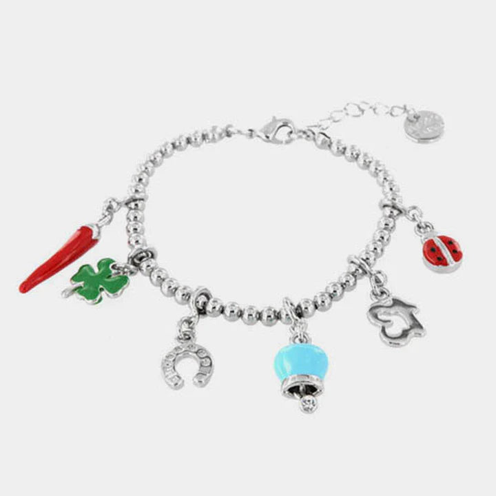 BY SIMON-Bracciale in Metallo con corno napoletano, quadrifoglio, coccinella, campana capri
