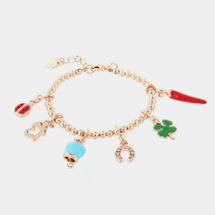 BY SIMON-Bracciale in Metallo con corno napoletano, quadrifoglio, coccinella, campana capri