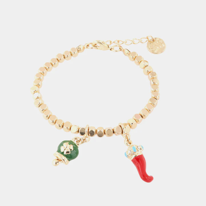 BY SIMON-Bracciale in Metallo con ciondoli portafortuna, campanella smaltata verde e corno in smalto rosso
