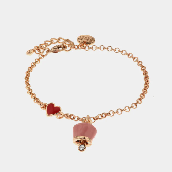 BY SIMON-Bracciale in Metallo con cuore rosso e campanella portafortuna pendente, impreziosita da smalto rosa e punto luce