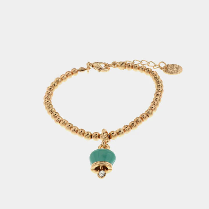 BY SIMON-Bracciale in Metallo maglia a sfere con campanella portafortuna pendente verde acqua
