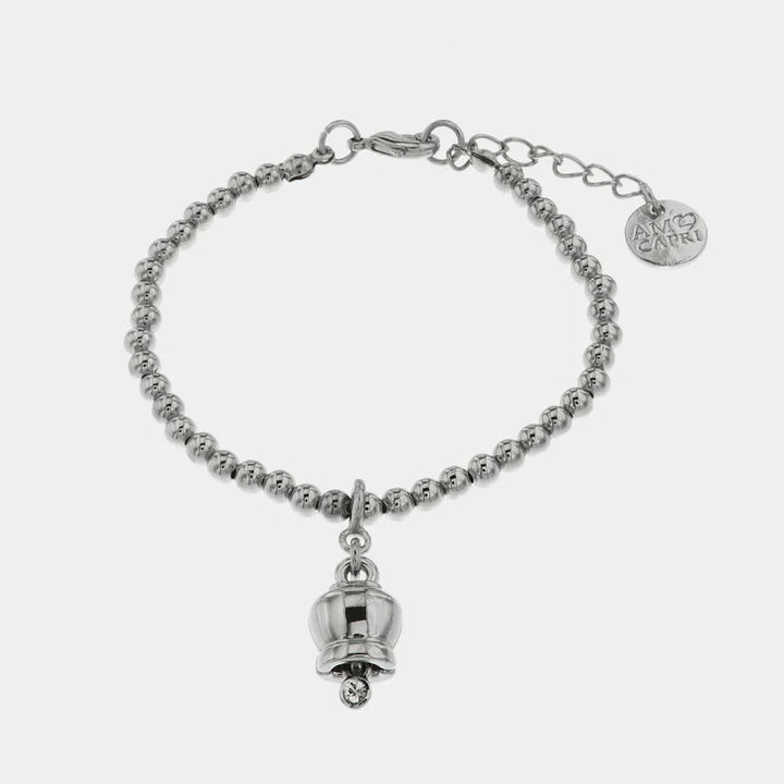 BY SIMON-Bracciale in Metallo maglia a sfere con campanella portafortuna pendente impreziosita da cristalli