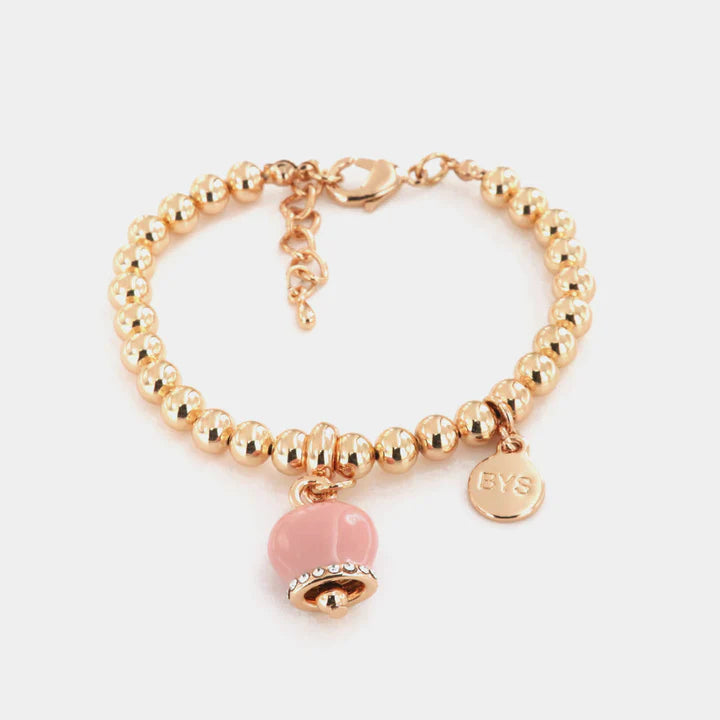 BY SIMON-Bracciale in Metallo maglia a sfere, con campanella portafortuna pendente, impreziosita da smalto rosa e cristalli