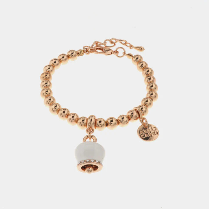 BY SIMON-Bracciale in Metallo maglia a sfere, con campanella portafortuna pendente, impreziosita da smalto bianco e cristalli