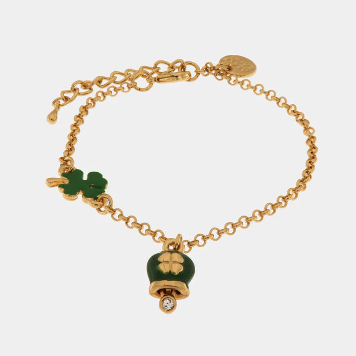 BY SIMON-Bracciale in Metallo con cuore e campanella portafortuna verde con quadrifoglio